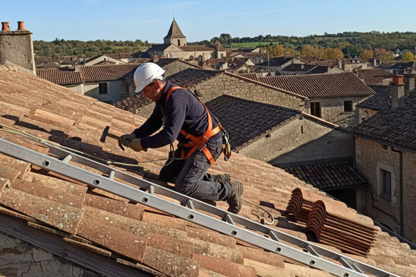 Artisan couvreur charpentier fixant des tuiles de rive sur un toit en pente